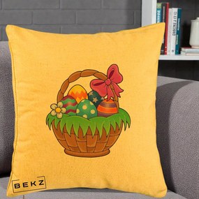 Perna Decorativa Cos cu Oua de Pasti Colorat, 40x40 cm, Galben, Husa Detasabila, Perna Inclusa, BEKZ®