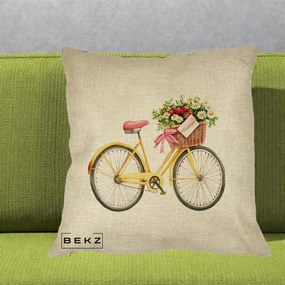 Perna Decorativa Bicicleta Galbena cu Cos de Flori Primavara, 40x40 cm, Crem, Husa Detasabila, Perna Inclusa, BEKZ®