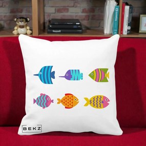 Perna Decorativa Pesti Colorati Cartoon, 40x40 cm, Alba Mata, Husa Detasabila, Perna Inclusa, BEKZ®