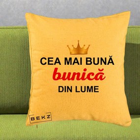 Cadou pentru Bunica - Perna Personalizata Cea Mai Buna Bunica Din Lume Coroana Aurie, 40x40 cm, Galben, Husa Detasabila, Perna Inclusa, BEKZ®