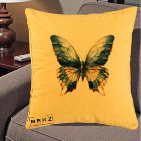 Perna Decorativa Fluture Albastru Auriu Elegant, 40x40 cm, Galben, Husa Detasabila, Perna Inclusa, BEKZ®