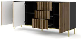 Comodă F 3D3S 200 Rowanna (Negru + Stejar artisan + Auriu). 1125072