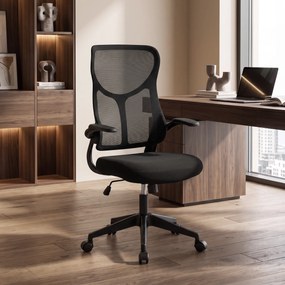 HOMCOM Scaun de birou ergonomic rotativ cu brațe rabatabile, funcție de balans, înălțime reglabilă, din plasă, negru | Aosom Romania