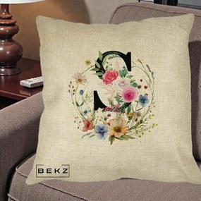Cadou Personalizat - Perna Personalizata Monogram Litera S cu Flori Acuarela, 40x40 cm, Crem, Husa Detasabila, Perna Inclusa, BEKZ®
