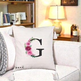 Cadou Personalizat - Perna Personalizata Monograma Florala Litera G, 40x40 cm, Bej cu Franjuri, Husa Detasabila, Perna Inclusa, BEKZ®