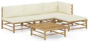 vidaXL Set mobilier de grădină, cu perne alb crem, 5 piese, bambus