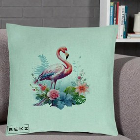 Perna Decorativa Flamingo cu Flori Tropicale Acuarela, 40x40 cm, Verde Menta, Husa Detasabila, Perna Inclusa, BEKZ®