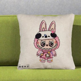 Perna Personalizata Labubu Panda-Bunny Roz, 40x40 cm, Bej Canapea, Husa Detasabila, Perna Inclusa, BEKZ®