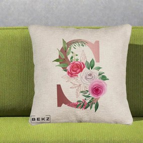 Cadou Personalizat - Perna Personalizata Monograma Rose Gold Litera S, 40x40 cm, Bej Canapea, Husa Detasabila, Perna Inclusa, BEKZ®