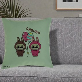 Perna Personalizata Labubu Cuplu cu Baloane, 40x40 cm, Verde, Husa Detasabila, Perna Inclusa, BEKZ®