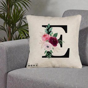 Cadou Personalizat - Perna Personalizata Monograma Florala Litera E, 40x40 cm, Bej Canapea, Husa Detasabila, Perna Inclusa, BEKZ®