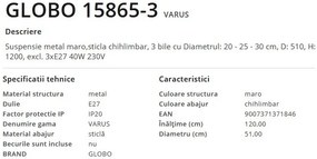 Lustra cu 3 pendule design modern Varus maro, chihlimbar