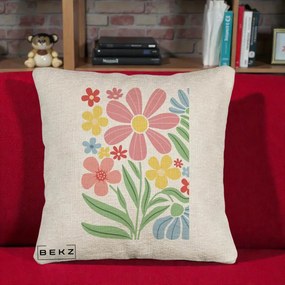 Perna Decorativa Flori Grafice Roz Pastel, 40x40 cm, Bej Canapea, Husa Detasabila, Perna Inclusa, BEKZ®
