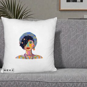 Perna Decorativa Portret Femeie Etnic Colorat, 40x40 cm, Alb Pufos, Husa Detasabila, Perna Inclusa, BEKZ®