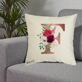 Cadou Personalizat - Perna Personalizata Monograma Rose Gold Litera F, 40x40 cm, Ecru, Husa Detasabila, Perna Inclusa, BEKZ®