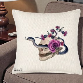 Perna Decorativa Craniu cu Sarpe si Trandafiri Gothic, 40x40 cm, Crem Reliefat, Husa Detasabila, Perna Inclusa, BEKZ®