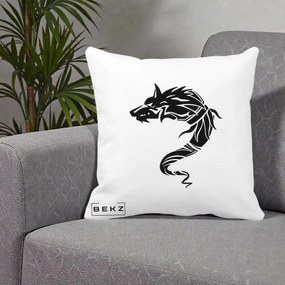Perna Decorativa Lup Tribal Alb-Negru, 40x40 cm, Alba Mata, Husa Detasabila, Perna Inclusa, BEKZ®