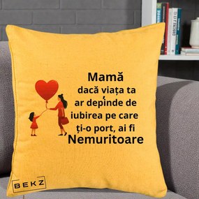 Cadou pentru Mama - Perna Personalizata Mama Nemuritoare cu Bebelus Kawaii, 40x40 cm, Galben, Husa Detasabila, Perna Inclusa, BEKZ®