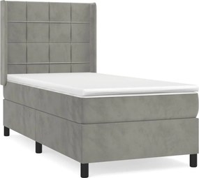 vidaXL Pat box spring cu saltea, gri deschis, 90x190 cm, catifea