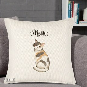 Perna Personalizata Pisica Meow Acuarela, 40x40 cm, Crem Reliefat, Husa Detasabila, Perna Inclusa, BEKZ®