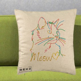 Perna Personalizata Pisica Meow Arta Linie Colorata, 40x40 cm, Bej, Husa Detasabila, Perna Inclusa, BEKZ®