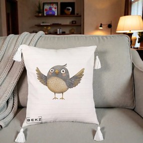 Perna Decorativa Pasare cu Aripi Intinse, 40x40 cm, Bej cu Franjuri, Husa Detasabila, Perna Inclusa, BEKZ®
