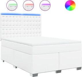 vidaXL Pat box spring cu saltea, alb, 140x190 cm, piele ecologică