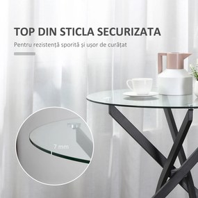 HOMCOM Masa Rotunda din Sticla si Picioare Incrucisate din Metal, Masuta Moderna pentru Sufragerie si Birou, 80x80x75cm, Negru