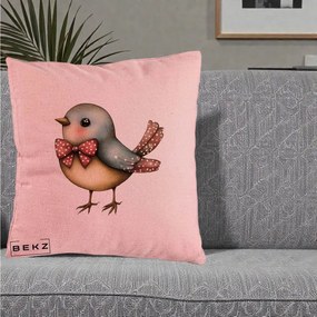 Perna Decorativa Pasare Bleu cu Fundita Rosie, 40x40 cm, Roz, Husa Detasabila, Perna Inclusa, BEKZ®