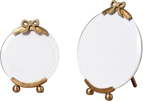 Set 2 rame foto rotunde din sticlă și metal, auriu, fundă sculptată, margine șlefuită și picioare sferice, finisaj antichizat, 2 x 16 x 13 cm,
