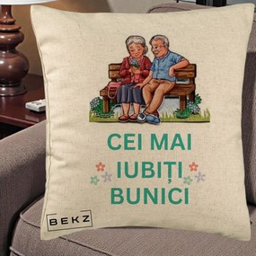 Cadou pentru Bunici - Perna Personalizata Cei Mai Iubiti Bunici Cuplu pe Banca Ilustratie, 40x40 cm, Bej, Husa Detasabila, Perna Inclusa, BEKZ®