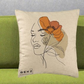 Perna Decorativa Portret Feminin Mac Mare Portocaliu, 40x40 cm, Bej, Husa Detasabila, Perna Inclusa, BEKZ®