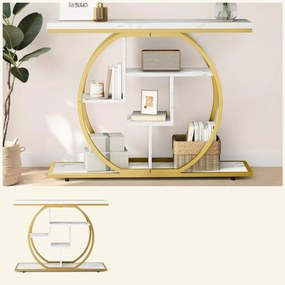 MAU43 - Masa Consola, 105 cm, masuta hol cu rafturi, living, dormitor - Auriu / Alb Imitatie de Marmura