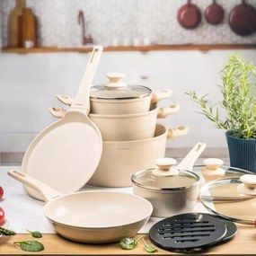 Set de oale 12 piese, aluminiu cu strat antiaderent, culoare crem Klausberg KB7884, potrivite pentru toate tipurile de plita