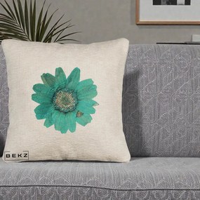 Perna Decorativa Floare Gerbera Teal Acuarela, 40x40 cm, Bej Canapea, Husa Detasabila, Perna Inclusa, BEKZ®