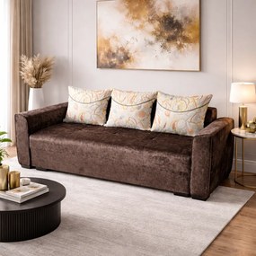 Canapea LILI extensibila, 3 locuri, cu lada de depozitare, stofa plusata, 220x95x80 Maro, Stofa plusata