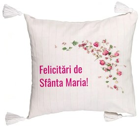 Perna Decorativa cu Franjuri, Model Felicitari de Sfanta Maria, 45x45 cm, Ecru, Cu fermoar