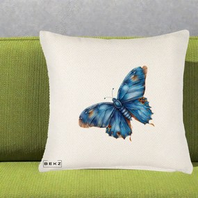 Perna Decorativa Fluture Albastru Satin cu Pete Aurii, 40x40 cm, Crem Reliefat, Husa Detasabila, Perna Inclusa, BEKZ®