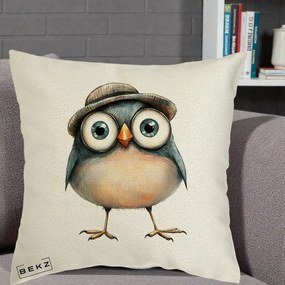 Perna Decorativa Pui cu Palarie Rotunda, 40x40 cm, Ecru, Husa Detasabila, Perna Inclusa, BEKZ®