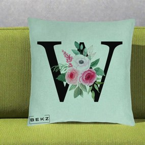 Cadou Personalizat - Perna Personalizata Monograma Florala Litera W cu Trandafiri si Anemona, 40x40 cm, Verde Menta, Husa Detasabila, Perna Inclusa, BEKZ®