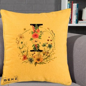 Cadou Personalizat - Perna Personalizata Monogram Litera I cu Flori Acuarela, 40x40 cm, Galben, Husa Detasabila, Perna Inclusa, BEKZ®
