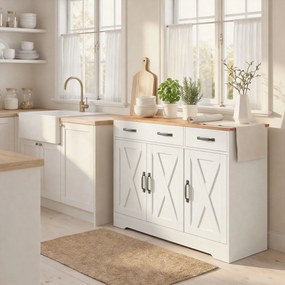 HOMCOM Bufet de bucătărie, mobilier de depozitare cu 3 uși tip hambar, 2 sertare și rafturi reglabile, 108 x 40 x 81 cm, alb | Aosom Romania