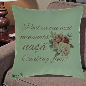 Cadou pentru Nasa - Perna Personalizata Pentru Cea mai Minunata Nasa Cu drag Finii, 40x40 cm, Verde, Husa Detasabila, Perna Inclusa, BEKZ®