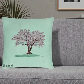 Perna Decorativa Cires Inflorit Acuarela, 40x40 cm, Verde Menta, Husa Detasabila, Perna Inclusa, BEKZ®