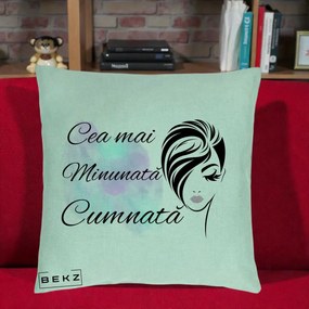 Cadou pentru Cumnata - Perna Personalizata Cea mai Minunata Cumnata cu Silueta Dama si Pete Multicolor, 40x40 cm, Verde Menta, Husa Detasabila, Perna Inclusa, BEKZ®