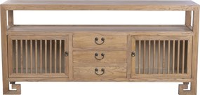 Bufet rustic în stil oriental, din lemn de ulm reciclat, natur, cu 2 uși cu grilaj, 3 sertare și raft deschis, 80 x 170 x 40 cm, „Largentière”