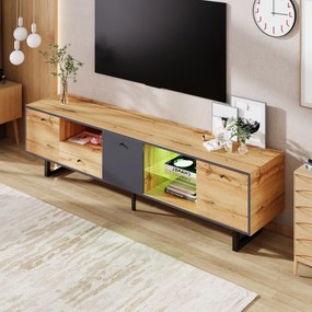 Mobilierul TV Jos pentru Living cu Efecte Luminoase LED, Rafturi din Sticlă și Balamale Amortizate, 190x40x50 cm, Natural