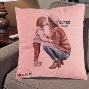 Cadou pentru Mama - Perna Personalizata Super Mom Acuarela, 40x40 cm, Roz, Husa Detasabila, Perna Inclusa, BEKZ®