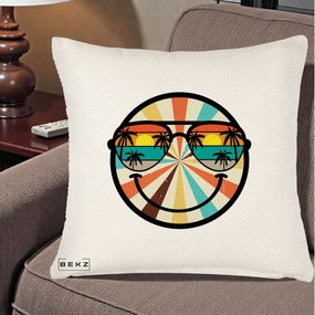 Perna Decorativa Smiley Face Retro Sunset Palmieri, 40x40 cm, Crem Reliefat, Husa Detasabila, Perna Inclusa, BEKZ®