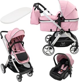 Carucior 3 in 1 Kidizi Moveo Roz – Sistem Complet Transformabil cu Scoica Auto, Landou si Parte Sport, Saltea si Geanta Incluse, Cadru silver, 0–36 luni